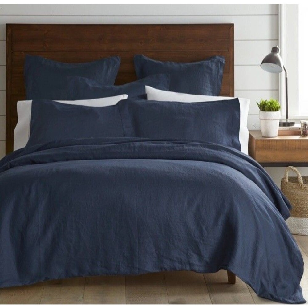 Levtex Home 100% Washed Linen KING Duvet Cover Navy Blue